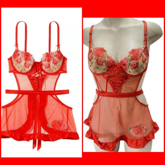 Victoria’s Secret Wicked Floral Embroidery Red Sheer Lace Apron NWT~NEW💋 - Picture 1 of 16